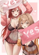 2girls absurdres ahoge alternate_costume anis_(nikke) arms_up babydoll black_babydoll black_bra black_choker blush bra breasts brown_eyes choker cleavage commentary_request goddess_of_victory:_nikke highres holding holding_pillow jacket large_breasts long_hair looking_at_viewer multiple_girls navel nigi_(ngmnoym) open_clothes open_jacket open_mouth orange_jacket orange_shorts pillow pink_jacket pink_shorts rapi_(nikke) rapi_(red_hood)_(nikke) red_eyes red_hair see-through_clothes short_hair shorts smile thighs underwear yes-no_pillow rating:s score:52 post #10162832