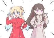 2girls :d ao_kaeru armband blonde_hair blue_eyes blue_hair breast_pocket brown_hair coat_dress commentary_request cowboy_shot dress emphasis_lines fang flower fujishima_megumi glowstick gradient_hair grey_dress hair_flower hair_ornament hand_on_own_hip highres holding holding_glowstick link!_like!_love_live! long_hair long_sleeves love_live! love_live!_nijigasaki_high_school_idol_club mira-cra_park! multicolored_hair multiple_girls open_mouth osawa_rurino parted_bangs penlight_(glowstick) pink_armband pink_flower pocket purple_eyes red_dress ryouran!_victory_road_(love_live!) simple_background smile twintails two_side_up v-shaped_eyebrows virtual_youtuber white_background rating:g score:1 post #9008560