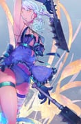 1girl absurdres arm_up armpit_crease bandaged_arm bandaged_leg bandaged_neck bandages black_gloves blue_negligee breasts commentary cowboy_shot eyelashes flower gloves hair_flower hair_ornament hair_rings highres jagged_sword kaine_(nier) lingerie looking_at_viewer lunar_tear negligee nier nier_(series) panties single_bare_shoulder solo sword teabreak23 thigh_strap underwear weapon white_hair yellow_eyes rating:s score:7 post #10163790