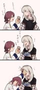 2girls ayataka_syumimi black_shirt blue_eyes brown_hair comic commentary earrings gift girls_band_cry grey_eyes highres iseri_nina jewelry kawaragi_momoka knit_sweater long_hair long_sleeves low_twintails multicolored_hair multiple_girls open_mouth roots_(hair) shirt short_hair short_twintails sidelocks sweater translation_request twintails white_sweater yuri rating:g score:2 post #10115761