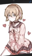 1girl :/ aigis_(persona) android armband art_program_in_frame black_choker black_skirt black_thighhighs blonde_hair blue_armband blue_sailor_collar blush bow breasts cardigan choker closed_mouth commentary compactform cosplay cowboy_shot english_commentary gold_hairband green_eyes hair_between_eyes hairband hands_on_lap heart highres lace-trimmed_skirt lace_trim looking_at_viewer persona persona_3 pink_cardigan pleated_skirt robot_ears sailor_collar sepia short_hair simple_background single_thighhigh sitting skirt sleeves_past_fingers sleeves_past_wrists small_breasts solo thighhighs ukinami_yuzuha ukinami_yuzuha_(cosplay) white_background white_bow zenless_zone_zero rating:g score:9 post #10163952