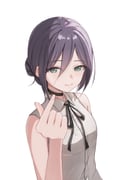 1girl absurdres black_choker black_ribbon chainsaw_man choker closed_mouth green_eyes grey_shirt hair_between_eyes hair_bun highres light_smile looking_at_viewer neck_ribbon purple_hair reze_(chainsaw_man) ribbon shiron_23 shirt sleeveless sleeveless_shirt solo rating:g score:2 post #10175827