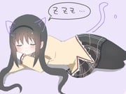 1girl akemi_homura black_hair black_hairband black_pantyhose black_skirt brown_jacket closed_eyes commentary crossed_arms drawn_ears drawn_tail full_body hairband highres homu jacket juliet_sleeves long_hair long_sleeves lying mahou_shoujo_madoka_magica mahou_shoujo_madoka_magica_(anime) mitakihara_school_uniform on_side pantyhose plaid_clothes plaid_skirt puffy_sleeves purple_background school_uniform shadow simple_background skirt sleeping solo yomayoi_amari rating:g score:7 post #8027824