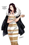 1girl arm_under_breasts artist_name black_jacket breasts brown_eyes brown_hair cleavage closed_mouth collarbone dress english_text feet_out_of_frame fur-trimmed_jacket fur_trim gold_dress hands_up highres jacket jacket_on_shoulders jewelry large_breasts meme necklace original ring simple_background smile solo the_dress_(meme) two-tone_dress watch white_background white_dress wristwatch yourfreakyneighbourh rating:s score:27 post #5970198