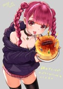 1girl bare_shoulders birthday black_choker black_thighhighs blush braid breasts cake cheesecake choker cleavage commentary_request english_text food grey_background happy_birthday heart_pendant highres holding holding_cake holding_food long_hair looking_at_viewer miniskirt open_mouth original pink_skirt red_eyes red_hair simple_background skirt smile solo thighhighs thighs tongue tongue_out translation_request twin_braids yumeno_tanuki rating:s score:4 post #10162587