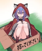 1girl absurdres animal_ear_fluff animal_ears aqua_pupils bar_censor black_bow black_skirt blush bow box braid braided_twintails bright_pupils cardboard_box censored center-flap_bangs cloak commentary_request double-parted_bangs for_adoption full_body grey_shirt hair_between_eyes hands_on_own_knees highres hood hooded_cloak in_box in_container iroha_nanairo_(urushiushiru) knees_up little_red_riding_hood_(fairy_tale) long_bangs long_hair long_sleeves looking_at_viewer miniskirt no_panties open_mouth original purple_hair pussy raised_inner_eyebrows red_cloak red_eyes red_socks shirt sitting skirt socks solo straight-on striped_clothes striped_shirt tearing_up translation_request urushiushiru variant_set vertical-striped_clothes vertical-striped_shirt wolf_ears wolf_girl rating:e score:8 post #10152553