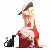 1girl absurdres bare_arms bare_shoulders black_cat black_nails black_shoes blonde_hair blue_eyes breasts cat cleavage cocktail_dress commission demon_horns dress from_side gloves heterochromia high_heels highres horns keibeam long_hair looking_at_viewer looking_to_the_side nail_polish original parted_bangs parted_lips pointy_ears red_dress red_gloves second-party_source shoes side_slit simple_background single_glove sleeveless sleeveless_dress small_breasts solo spaghetti_strap squatting toenail_polish toenails very_long_hair white_background yellow_eyes rating:s score:17 post #10121373