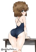 1girl ass back bare_arms black_one-piece_swimsuit blunt_ends blush brown_hair commentary desk green_eyes haibara_ai hair_between_eyes highres looking_at_viewer looking_back meitantei_conan mochachoco one-piece_swimsuit parted_lips school_desk school_swimsuit short_hair shoulder_blades simple_background solo standing swimsuit thighs trefoil twitter_username white_background rating:s score:13 post #10113189
