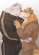 2boys animal_ears artist_name bara bear bear_boy bear_ears bear_tail black_jacket black_pants brown_jacket brown_pants bulge closed_eyes erection erection_under_clothes fox_boy fox_ears fox_tail french_kiss furry furry_male hand_on_another's_chest highres hug iwano_kal jacket kiss looking_at_another male_focus multiple_boys odd_taxi open_mouth orange_fur orange_sweater pants polar_bear precum precum_through_clothes sekiguchi_(odd_taxi) sweater tail tinted_eyewear tongue tongue_out track_jacket track_pants white_background white_fur yamamoto_fuyuki yaoi yellow-tinted_eyewear rating:q score:3 post #9894763