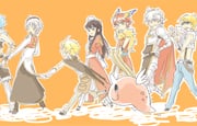 1girl 6+boys armor blonde_hair blue_eyes blue_pants blush breastplate brown_cape brown_eyes brown_hair brown_pants cape closed_mouth commentary_request creator_(ragnarok_online) crop_top dixie_cup_hat dress full_body grey_hair hair_over_one_eye hat head_wings high_priest_(ragnarok_online) long_hair looking_at_another lord_knight_(ragnarok_online) military_hat multiple_boys open_mouth orange_background orange_wings pants pauldrons pink_cape pink_dress pink_hair pink_shirt professor_(ragnarok_online) ragnarok_online shirt short_hair shoulder_armor silo-gz simple_background slime_(creature) smile sniper_(ragnarok_online) sunglasses vanilmirth_(ragnarok_online) walking white_hat white_shirt whitesmith_(ragnarok_online) wings rating:s score:0 post #10128415