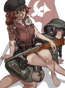 2girls ammunition_pouch bare_legs barefoot belt black_hair black_hat black_skirt blue_eyes bottomless brown_eyes canteen carnation combat_helmet commentary communism english_commentary epaulettes femdom flag flat_cap flower from_above gas_mask_canister german_army germany gun gun_in_lap hammer_and_sickle hat helmet highres human_furniture jacket jewelry leather_belt load_bearing_equipment long_braid long_hair looking_at_another looking_back military military_jacket military_uniform mp18 mr_banzai multiple_girls necklace original partisan pearl_necklace pouch red_hair red_shirt shirt short_sleeves sitting sitting_on_person skirt stahlhelm submachine_gun suspenders weapon wehrmacht white_carnation white_flower world_war_ii yuri rating:q score:25 post #10119083