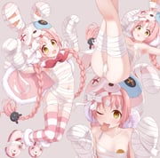1girl absurdres animal-themed_footwear animal_hood armpits bandages braid collarbone commentary_request convenient_censoring gplnbeat hair_ornament halloween highres hood long_hair mimi_(halloween)_(princess_connect!) mimi_(princess_connect!) mittens mummy_costume one_eye_closed pink_hair princess_connect! rabbit_hair_ornament rabbit_hood simple_background striped_clothes striped_thighhighs thighhighs twin_braids yellow_eyes rating:q score:31 post #8479242