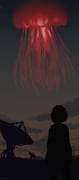 1girl absurdres animal cloud commentary facing_away from_behind highres jellyfish ndtwofives night night_sky original oversized_animal power_lines satellite_dish silhouette sky solo surreal transmission_tower rating:g score:8 post #10165932