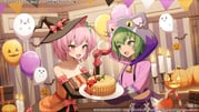 2girls :d animal_ears animal_hood assault_lily bare_shoulders bell black_dress black_hat black_skirt bow breasts cake candle candlestand candy candy_cane cat_ears cat_hood chocolate chocolate_bar cleavage clover_hair_ornament collarbone commentary_request copyright_notice cropped_hoodie cross-laced_clothes cross-laced_skirt detached_sleeves drawstring dress fake_animal_ears fang flask food four-leaf_clover_hair_ornament gloves green_eyes green_hair hair_ornament halloween halloween_costume hands_up hat hat_bow highres hitotsuyanagi_riri holding holding_flask holding_plate hood hood_up hoodie indoors jack-o'-lantern light_particles long_sleeves looking_at_another looking_at_food medium_breasts midriff multiple_girls neck_bell official_alternate_costume official_art one_side_up open_mouth orange_dress pennant pink_eyes pink_gloves pink_hair plate pouring purple_hoodie red_bow round-bottom_flask short_hair sideways_glance skin_fang skirt sleeve_garter smile standing strapless strapless_dress string_of_flags tamago_nezumi tilted_headwear two-tone_dress upper_body witch_hat yoshimura_thi_mai rating:g score:3 post #10167246