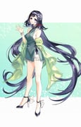 1girl absurdly_long_hair aqua_background aqua_dress arm_behind_back artist_name backless_dress backless_outfit bare_shoulders black_hair black_ribbon black_shoes bloomers bracelet branch breasts camisole closed_mouth collarbone commentary_request dated dress eyelashes genshin_impact green_shawl hair_intakes hair_ornament hairband hand_up high_heels highres jewelry lan_yan_(genshin_impact) long_hair looking_at_viewer medium_breasts multicolored_shoes necklace ojo_aa parted_bangs purple_eyes ribbed_dress ribbon shawl shoes side_slit sidelocks signature silver_bracelet silver_hairband silver_necklace sleeveless sleeveless_dress smile solo spaghetti_strap standing strappy_heels sweater sweater_dress turtleneck turtleneck_dress twitter_username two-tone_background two-tone_shoes very_long_hair watermark waving white_background white_bloomers white_camisole white_shoes rating:g score:9 post #10137664