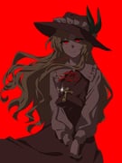1girl artist_name black_hat black_skirt black_vest blonde_hair closed_mouth cross cross_necklace expressionless floating_hair frilled_shirt_collar frills hat jacket_girl_(dipp) jewelry jun_jun_0319 long_hair long_sleeves looking_at_viewer neck_ribbon necklace red_background red_eyes red_ribbon ribbon shirt simple_background skirt solo touhou twitter_username variant_set very_long_hair vest white_shirt rating:g score:4 post #10102678