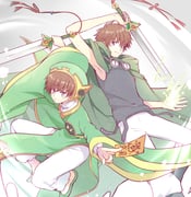 2boys arm_up back-to-back between_fingers black_boots black_tank_top boots brown_eyes brown_hair cardcaptor_sakura chinese_clothes cloak closed_mouth creator_connection crossover dianzi energy feet_out_of_frame flats full_body goggles goggles_around_neck green_cloak green_eyes green_hat green_robe green_shoes grey_background hat highres holding holding_sword holding_weapon hood hood_down hooded_cloak knee_up kurabayashi li_syaoran li_syaoran_(battle_costume) long_sleeves look-alike looking_at_viewer magic male_focus multiple_boys outstretched_arms pants pants_tucked_in parted_lips pelvic_curtain robe serious shoes short_hair sideways_glance spread_arms sword sword_tassel talisman tank_top tassel tsubasa_chronicle weapon white_pants wide_sleeves xiaolang rating:g score:3 post #10136433