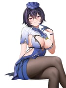 1girl absurdres black_hair black_pantyhose blue_dress blue_gloves blue_hat blue_scarf blush breasts brown-framed_eyewear cleavage commentary_request crossed_legs dress flight_attendant flight_attendant_hat glasses gloves half_gloves hat head_tilt highres kai_si_(hscn5578) large_breasts looking_at_viewer multicolored_hair official_alternate_costume over-rim_eyewear pantyhose purple_eyes purple_hair round_eyewear scarf semi-rimless_eyewear short_dress short_hair short_sleeves simple_background sitting smile snowbreak:_containment_zone solo streaked_hair thighs travel_attendant vidya_shannon white_background rating:s score:41 post #9421559