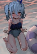 1girl absurdres beach blue_hair bow commentary_request doll_joints flower_ornament granblue_fantasy hair_bow hair_ornament highres joints one-piece_swimsuit orchis outdoors red_eyes shingeki_no_bahamut short_twintails sitting smile solo spicespice06 swim_ring swimsuit twintails wading wariza rating:s score:11 post #10108727