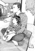 1boy 1girl barefoot chair child commentary_request crosshatching cushion dog father_and_daughter halftone hatching_(texture) highres holding indian_style indoors long_sleeves nashika_t on_cushion original refrigerator shirt signature sitting striped_clothes striped_shirt rating:g score:1 post #10131080