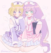 2girls blonde_hair clipboard full_body green_eyes hat highres holding holding_clipboard long_hair looking_at_viewer manaka_laala minami_mirei multiple_girls nikomi_tsumo nurse nurse_cap pretty_series pripara purple_eyes purple_hair short_hair sitting stethoscope very_long_hair wariza rating:g score:4 post #10175223