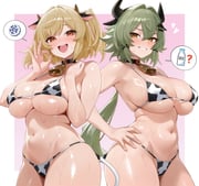 2girls ? absurdres animal_ear_hairband animal_ears animal_print areola_slip bare_arms bare_shoulders bell bikini black_horns blonde_hair blush border bottle breasts brown_eyes burnice_white caesar_king_(zenless_zone_zero) commentary_request cow_ear_hairband cow_ears cow_horns cow_print cow_print_bikini fake_animal_ears green_hair hair_between_eyes hairband hand_on_own_hip hand_on_own_shoulder heart highres horns large_breasts long_hair looking_at_viewer micro_bikini milk_bottle money money_gesture multiple_girls navel neck_bell open_mouth orange_eyes pink_background print_bikini short_twintails spoken_question_mark standing stomach sweat swimsuit tongue twintails weimiaw wet white_border zenless_zone_zero rating:q score:23 post #10175772