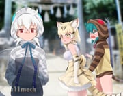 3girls :o ^^^ animal_ear_fluff animal_ears animal_print back_bow beleven black_hair blonde_hair blurry blurry_background blurry_foreground blush bow cat_ears cat_girl cat_tail closed_mouth crossed_bangs day distracted_boyfriend_(meme) dual_persona elbow_gloves empty_eyes extra_ears fang gloves green_eyes green_hair grey_hair hair_between_eyes hands_in_pockets highres hood hood_up hooded_jacket jacket kemono_friends long_sleeves looking_at_another medium_hair meme multicolored_hair multiple_girls outdoors parted_lips print_gloves print_hood print_jacket print_skirt red_eyes sand_cat_(kemono_friends) shirt shirt_tucked_in skirt sleeveless sleeveless_shirt snake_hood snake_print snake_tail surprised sweat tail tsuchinoko_(kemono_friends) v-shaped_eyebrows white_shirt yellow_eyes yuri rating:s score:7 post #9931114