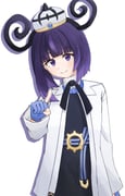1girl absurdres belt belt_buckle black_dress blue_gloves blunt_bangs bob_cut buckle closed_mouth coat dress gloves gwynn_(pokemon) hat highres index_finger_raised long_sleeves looking_at_viewer mega_stone nina_(sk_nina) o-ring o-ring_belt open_clothes open_coat partially_fingerless_gloves pokemon pokemon_legends:_z-a purple_eyes purple_hair short_hair smile solo white_background white_coat rating:g score:1 post #10175655