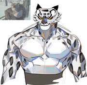 1boy bara biceps closed_mouth commentary_request fangs fangs_out furry furry_male grey_fur highres karmaho korean_commentary kung_fu_panda looking_at_viewer male_focus muscular muscular_male pectorals reference_inset snow_leopard_boy snow_leopard_ears spotted_fur tai_lung topless_male whiskers white_background rating:g score:5 post #10080126