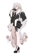 1girl \||/ absurdres ahoge alternate_costume back_cutout bare_arms bare_legs black_choker black_dress black_gloves black_shawl black_shoes breasts choker closed_mouth clothing_cutout contrapposto dress earrings eyewear_strap fate/grand_order fate_(series) flipped_hair from_side full_body fur_scarf fur_shawl gloves gradient_hair hair_between_eyes high_heels highres jeanne_d'arc_alter_(fate) jewelry knees_apart_feet_together lace-trimmed_gloves lace_trim long_hair looking_at_viewer medium_breasts messy_hair microdress multicolored_hair platform_heels profile ri_o_ne_su ring round_eyewear shawl shoes simple_background solo strapless strapless_dress tube_dress very_long_hair white_background white_hair yellow_eyes rating:s score:17 post #10170979