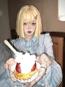 1girl aegyo_sal blonde_hair blue_dress closed_mouth cream cupcake dress food fruit hair_ornament hairclip highres indoors jewelry looking_at_viewer original realistic red_eyes ring solo strawberry whoisluvme rating:g score:0 post #10158499