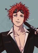 1boy absurdres black_jacket collarbone collared_shirt commentary_request facial_mark final_fantasy final_fantasy_vii final_fantasy_vii_remake goggles goggles_on_head green_eyes highres holding holding_weapon jacket male_focus open_mouth pectorals red_hair reno_(ff7) shirt solo spiked_hair suit_jacket turks_(ff7) twitter_username upper_body weapon white_shirt yknk_rin rating:s score:2 post #9808299