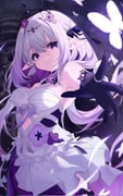 1girl armpits bare_shoulders black_background black_ribbon black_tiara breasts bug butterfly butterfly_earrings castorice_(honkai:_star_rail) clothing_cutout cowboy_shot cutout_above_navel detached_collar dress earrings elbow_gloves floating_hair flower foreshortening frilled_dress frilled_shirt_collar frills gloves glowing_butterfly hair_between_eyes hair_flower hair_ornament hair_ribbon highres honkai:_star_rail honkai_(series) imro_0000 jewelry light_particles long_hair looking_at_viewer low_twintails medium_breasts open_hand parted_lips pointy_ears purple_eyes purple_flower purple_gloves purple_hair purple_ribbon purple_theme reaching reaching_towards_viewer ribbon ring serious short_dress sidelighting single_sidelock solo spread_fingers standing strapless strapless_dress tiara torn_clothes torn_dress twintails very_long_hair white_butterfly white_dress rating:s score:1 post #10177020