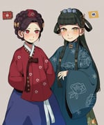 2girls aoqun beizi_(clothing) blush chinese_clothes commentary_request cowboy_shot green_hair hair_rings hanbok hanfu highres joseon_dynasty korea_(kuroussa) korean_clothes kuroussa long_hair mandarin_collar ming_dynasty ming_dynasty_(kuroussa) multiple_girls original personification red_eyes smile yellow_eyes rating:g score:3 post #8488481
