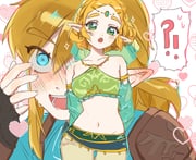!? 1boy 1girl aqua_eyes aqua_sleeves aqua_tunic aqua_veil armor arms_behind_back bare_shoulders black_gloves blonde_hair blush braid breasts circlet cowboy_shot crop_top crown_braid detached_sleeves didi_en_ilu fingerless_gloves gerudo_set_(zelda) gloves gold_trim green_eyes green_shirt hair_between_eyes hetero highres leather_armor link looking_at_another low_ponytail medium_breasts midriff navel open_mouth panties parted_bangs pointy_ears ponytail princess_zelda sash shirt short_hair shoulder_armor sidelocks sweat the_legend_of_zelda the_legend_of_zelda:_breath_of_the_wild tunic underwear upper_body veil waist_sash white_panties rating:s score:-1 post #10176982