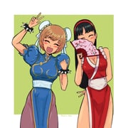 2girls :d amagi_yukiko arm_behind_back artist_name black_hair blue_dress blush border bracelet breasts brown_hair bun_cover china_dress chinese_clothes chun-li chun-li_(cosplay) closed_eyes commentary cosplay dress english_commentary fan_over_face fatal_fury folding_fan hairband hand_fan highres holding holding_fan jewelry koshimizu_ami long_hair multiple_girls open_mouth pantyhose pelvic_curtain persona persona_4 purple_pantyhose satonaka_chie shiranui_mai shiranui_mai_(cosplay) short_hair smile spiked_bracelet spikes street_fighter syngmanyeep v voice_actor_connection white_border rating:s score:17 post #10151622