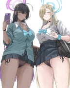 2girls absurdres aqua_bow aqua_bowtie asuna_(blue_archive) asuna_(school_uniform)_(blue_archive) bag black_hair black_skirt blonde_hair blue_archive blue_cardigan blue_eyes blue_scrunchie blue_sweater bow bowtie breasts cameltoe cardigan cellphone commentary dark-skinned_female dark_skin female_pubic_hair gyaru halo highres karin_(blue_archive) karin_(school_uniform)_(blue_archive) kogal large_breasts long_hair loose_bowtie miz_blank multiple_girls official_alternate_costume panties partially_visible_vulva phone pleated_skirt pubic_hair pubic_hair_peek purple_halo school_bag school_uniform scrunchie side-tie_panties skirt sweater symbol-only_commentary unbuttoned unbuttoned_shirt underwear very_long_hair yellow_eyes rating:q score:117 post #10157530