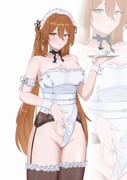 1girl absurdres akkuon alternate_costume armband bare_shoulders black_choker black_thighhighs blush breasts brown_hair buttoned_cuffs buttons cameltoe choker cleavage collarbone covered_navel cowboy_shot double-breasted english_commentary enmaided frilled_armband frilled_armlet frilled_leotard frilled_thighhighs frills garter_straps girls'_frontline green_eyes groin hair_between_eyes hair_ribbon hair_rings highleg highleg_leotard highres holding holding_tray large_breasts leotard leotard_pull long_hair looking_at_viewer maid maid_headdress naughty_face ponytail pulling_own_clothes ribbon ribbon_choker sidelocks_tied_back simple_background smile solo springfield_(girls'_frontline) standing strapless strapless_leotard teasing thighhighs thighs tray unconventional_maid white_background white_leotard white_wrist_cuffs wrist_cuffs rating:q score:30 post #10165409