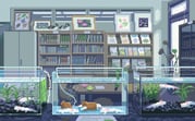 animal animated axolotl bird book bookshelf cabinet chair commentary duck fish_tank fluorescent_lamp indoors library looping_animation no_humans original picture_frame pixel_art plant scenery table toyoi_yuuta video water window rating:g score:3 post #10173179