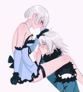 1boy 1girl absurdres backless_outfit bandaged_neck bandages black_gloves blue_eyes blue_negligee blush braid braided_hair_rings breasts brown_eyes commentary erection eyelashes fellatio from_side fur-trimmed_collar fur-trimmed_sleeves fur-trimmed_vest fur_trim futa_with_male futanari gloves hair_between_eyes hair_rings hand_on_another's_head highres invisible_chair kaine_(nier) lingerie negligee nier nier_(brother) nier_(brother)_(post_timeskip) nier_(series) oral penis profile short_hair shoulder_blush sitting skindentation thigh_strap uncensored underwear vest wawuku white_background white_hair rating:e score:16 post #10163734