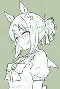 1girl animal_ears blush bow clover_hair_ornament commentary_request ear_ornament fine_motion_(umamusume) folded_ponytail hair_between_eyes hair_bun hair_ornament horse_ears horse_girl horseshoe_ornament mauve monochrome school_uniform shirt smile solo tracen_school_uniform umamusume white_hair rating:g score:5 post #10170680