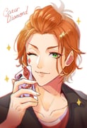 1boy black_jacket cater_diamond cellphone character_name collarbone commentary_request diamond_facial_mark facial_mark green_eyes highres holding holding_phone jacket looking_at_viewer male_focus one_eye_closed orange_hair phone pursed_lips short_hair smartphone solo sparkle tantan_notan twisted_wonderland upper_body white_background rating:g score:0 post #10121320