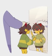 1girl 1other abcdefz_7 aged_down bandaid bandaid_on_leg blush brown_hair colored_skin deltarune fake_horns hairband headpat highres horn_hairband horns kris_(deltarune) mirror open_mouth other_focus red_eyes reflection short_hair shorts surprised sweater toriel utdr_(toby_fox) white_fur yellow_skin rating:g score:0 post #10161949
