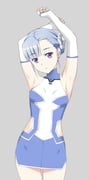 1girl absurdres anime_coloring armpits blue_hair breasts commentary_request elbow_gloves fin_e_ld_si_laffinty flower gloves grey_background hair_flower hair_ornament highres kiniro_tofu looking_at_viewer mall_link_suit mecha_pilot_suit medium_breasts parted_lips purple_eyes rinne_no_lagrange short_hair skirt solo rating:s score:10 post #9583740