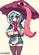 1girl alternate_costume black_thighhighs blue_eyes blue_hair blue_hood blue_sweater blush closed_mouth fur_trim hair_between_eyes heterochromia highres holding holding_umbrella hood ice_skates pom_pom_(clothes) rampa93 red_eyes red_scarf scarf skates smile solo sweater tatara_kogasa thighhighs thighs tongue touhou twitter_username umbrella yellow_background zettai_ryouiki rating:s score:7 post #10174701