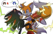 2boys absurdres animal_ears arm_cannon blue_eyes commentary_request cyan_altar electricity fox_ears fox_tail furry furry_male gloves heart_(organ) highres looking_at_another male_focus multiple_boys red_eyes shadow_the_hedgehog sonic_(series) sonic_battle sonic_the_hedgehog tail tails_(sonic) tears weapon white_gloves rating:g score:10 post #8878541