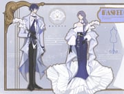 1boy 1girl above-cleavage_cutout absurdres alternate_costume arm_at_side belt black_belt black_gloves black_pants black_shoes blue_ribbon border brooch chain_belt chinese_commentary clarence_clayden clarence_clayden_(masquerade) closed_eyes clothing_cutout coat collared_shirt commentary_request detached_collar domino_mask dress earrings english_text evening_gown eye_mask faceless faceless_female faceless_male facing_viewer flower formal_clothes frilled_shirt_collar frills full_body gloves grey_coat grey_shawl hair_between_eyes head_chain heroine_(lovebrush_chronicles) highres holding holding_flower jewelry lapels long_dress long_hair long_sleeves looking_to_the_side lovebrush_chronicles mannequin mask matching_outfits mermaid_dress neck_ribbon necklace notched_lapels official_alternate_costume open_clothes open_coat orchid ornate_border outside_border pants pelvic_curtain profile purple_background purple_dress purple_hair purple_vest ribbon shawl shirt shoes short_hair side-by-side snow234 standing straight-on swept_bangs two-tone_dress underbust vest white_dress white_flower rating:g score:3 post #9962472