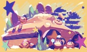:d animal blush_stickers elfilin hat highres kirby kirby_(series) limited_palette military_vehicle motor_vehicle no_humans open_mouth purano7 purple_hat rock sailor_hat sitting smile snow star_(symbol) tank waddle_dee winter yellow_background rating:g score:1 post #10165149