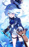 1girl absurdres aether_(genshin_impact) ahoge ascot asymmetrical_gloves blue_background blue_eyes blue_gemstone blue_hair bow cane furina_(genshin_impact) gem genshin_impact gloves hat hat_bow heterochromia highres holding holding_cane holding_hands jewelry mismatched_gloves pechika_01 pov pov_hands short_shorts shorts thigh_strap top_hat twitter_username water rating:g score:1 post #10175462