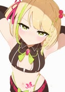1girl absurdres armpits arms_up blonde_hair blush braid breasts cleavage_cutout clothing_cutout elbow_gloves english_commentary fuzuki_miki gloves green_eyes green_hair hair_ribbon hdukl highres indie_virtual_youtuber looking_at_viewer medium_hair mole mole_under_eye multicolored_hair navel panty_straps pout ribbon side_braid side_ponytail simple_background small_breasts solo stomach_tattoo streaked_hair sweat tattoo virtual_youtuber white_background rating:s score:0 post #10175003